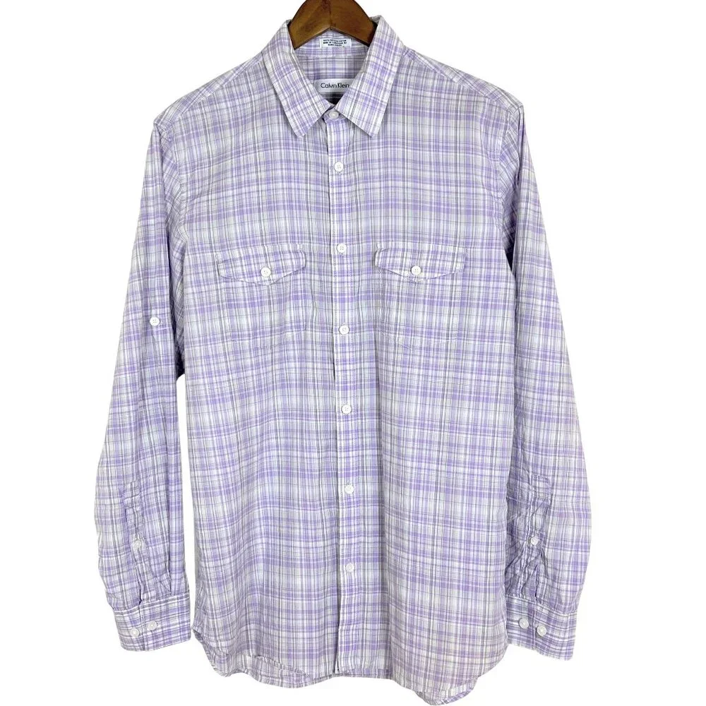 Calvin Klein Oxford Style Checked Woman's Cotton Button Down Shirt Size Medium - Picture 6 of 7